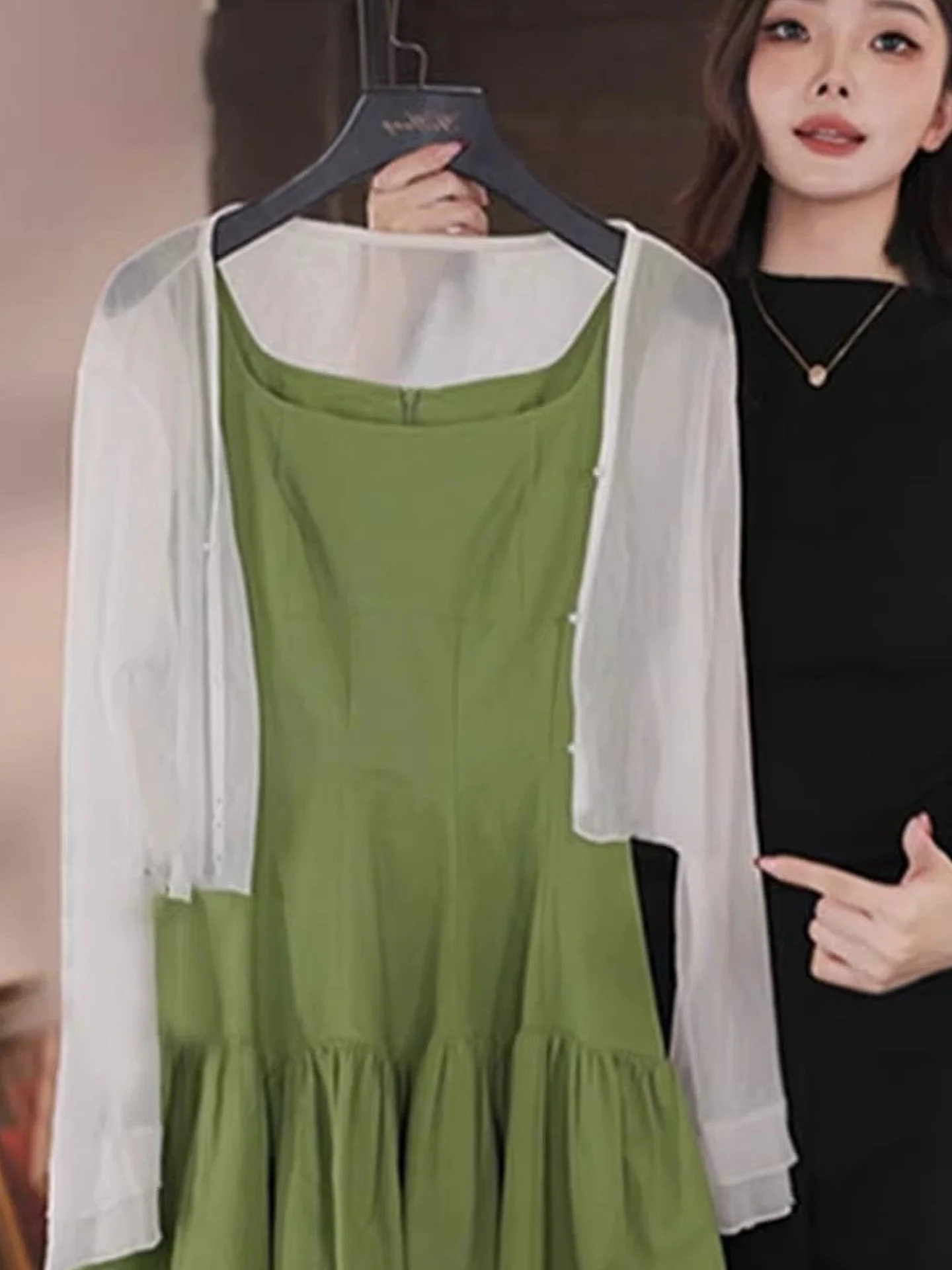 Retro Korean Style Short A-Line Dress Cardigan Outerwear Women's Autumn New Age Reduction Two-Piece Set High Waist Pure Color...