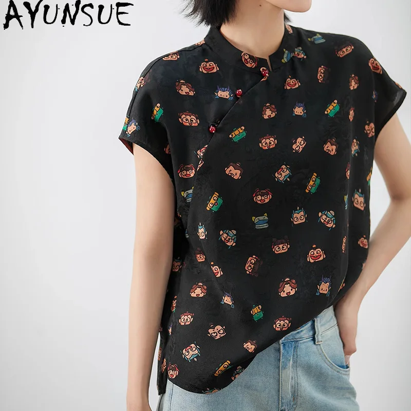 AYUNSUE Natural Mulberry Silk Women T Shirts Short Sleeve Tops for Woman Stylish Black T Shirt Summer Clothes for Woman Футболка