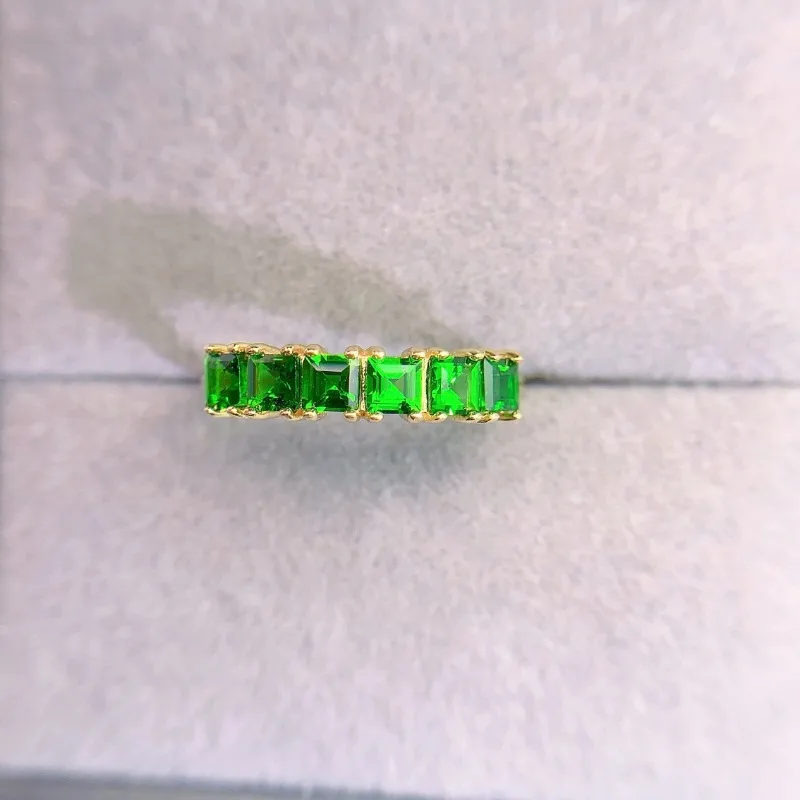 4*4mm Square Cut Natural Diopside Band Ring Luxury with Silver 925 European Exquisite Light Luxury