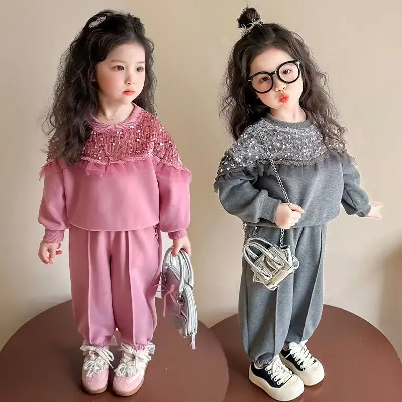 

Princess Style Bright Sequin Mesh Sweatshirt Pants Set Casual Two-Piece Suit for Girls Spring Autumn Seasonal Children's Clothin