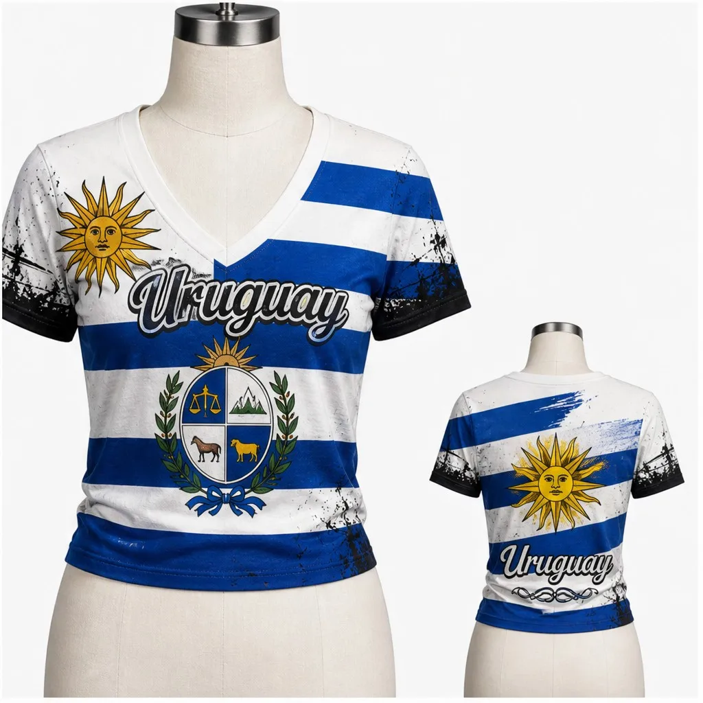 Women Uruguay V Neck Crop Top Sun Crest Script Print Short Sleeve Summer Street Travel Daily Fashion Tee Modern Chic Outfit Look
