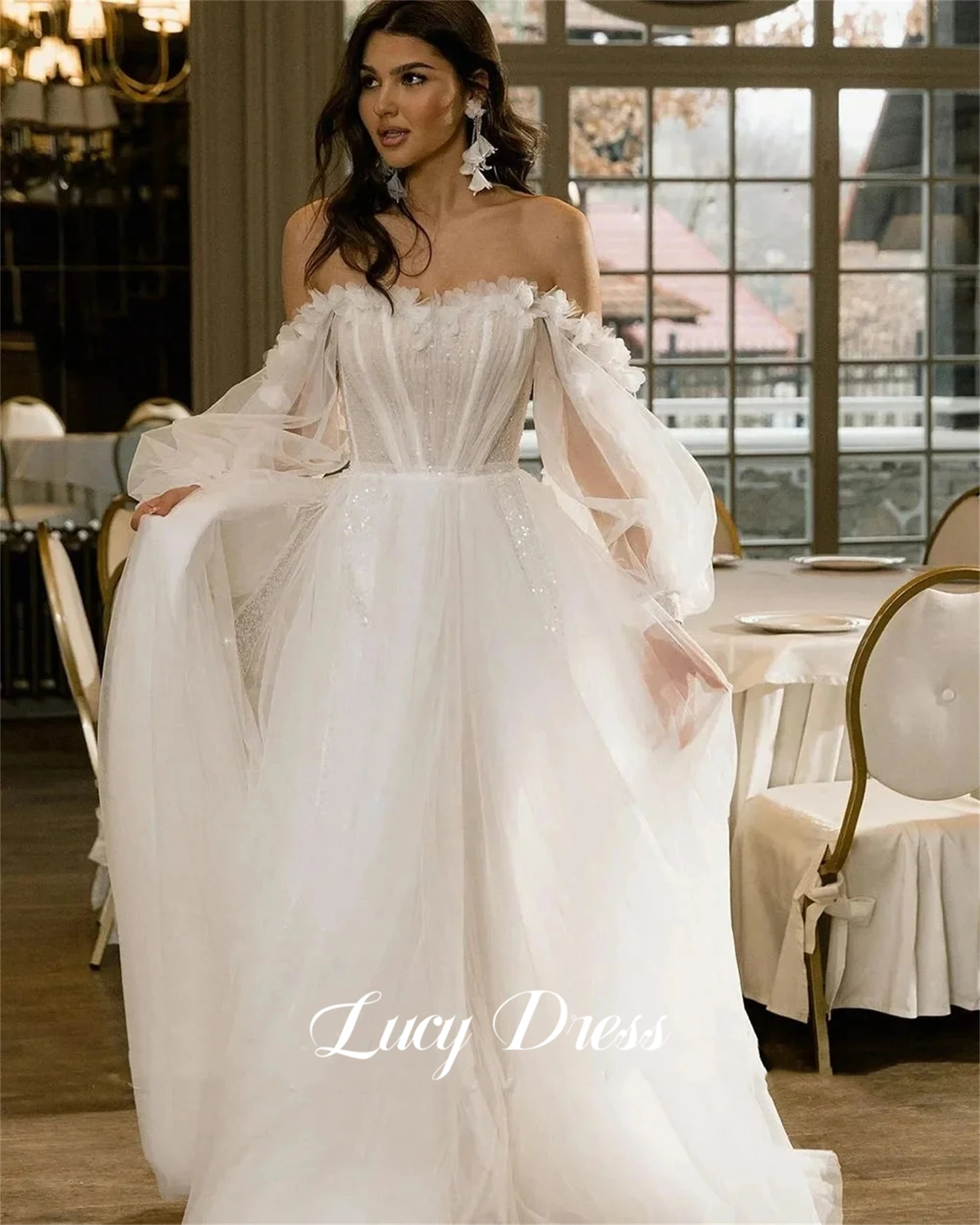 

Lucy White Flower Decoration Wedding Dress Elegant Party Long Dresses for Formal Occasions Luxury Robe De Soiree Femmes Evening