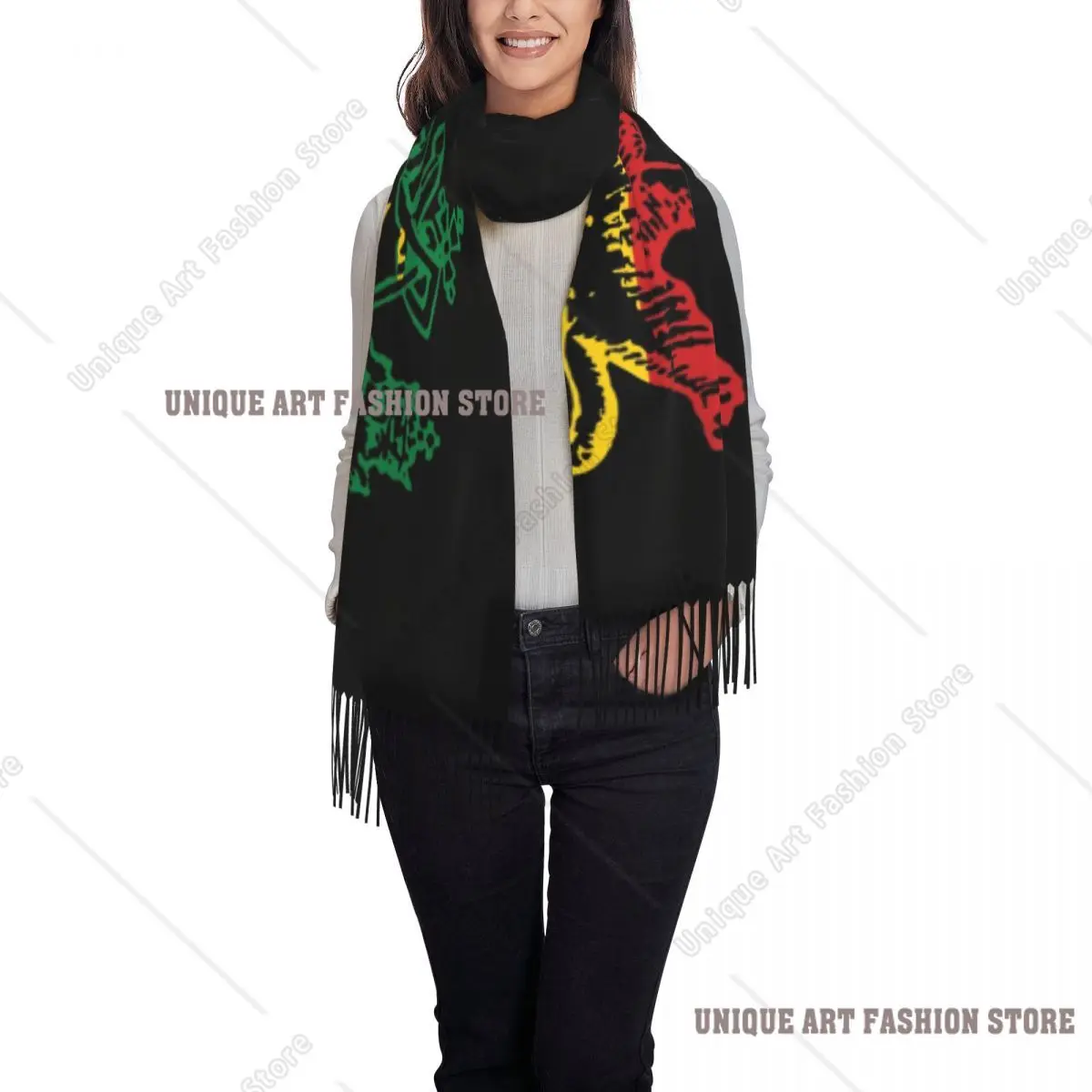 Fashion Lion Of Judah Flag Ethiopia King Selassie Rasta Tassel Scarf Women Winter Fall Warm Shawl Wrap Female Ethiopia Scarves