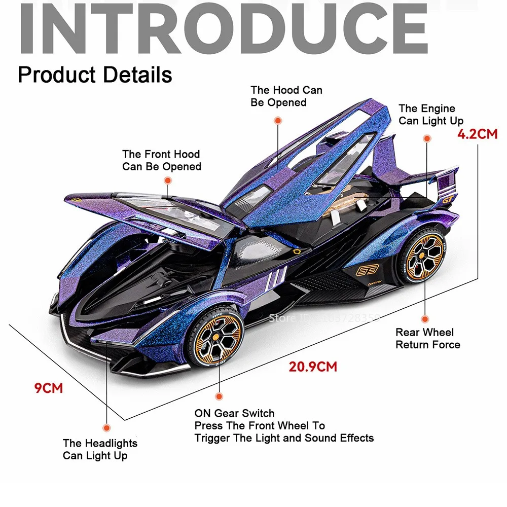 1:24 V12 Veneno Simulation Toy Model Supercars Alloy Diecast Miniature Sports Cars Sound Light Doors Opened Pull Back Kids Gifts