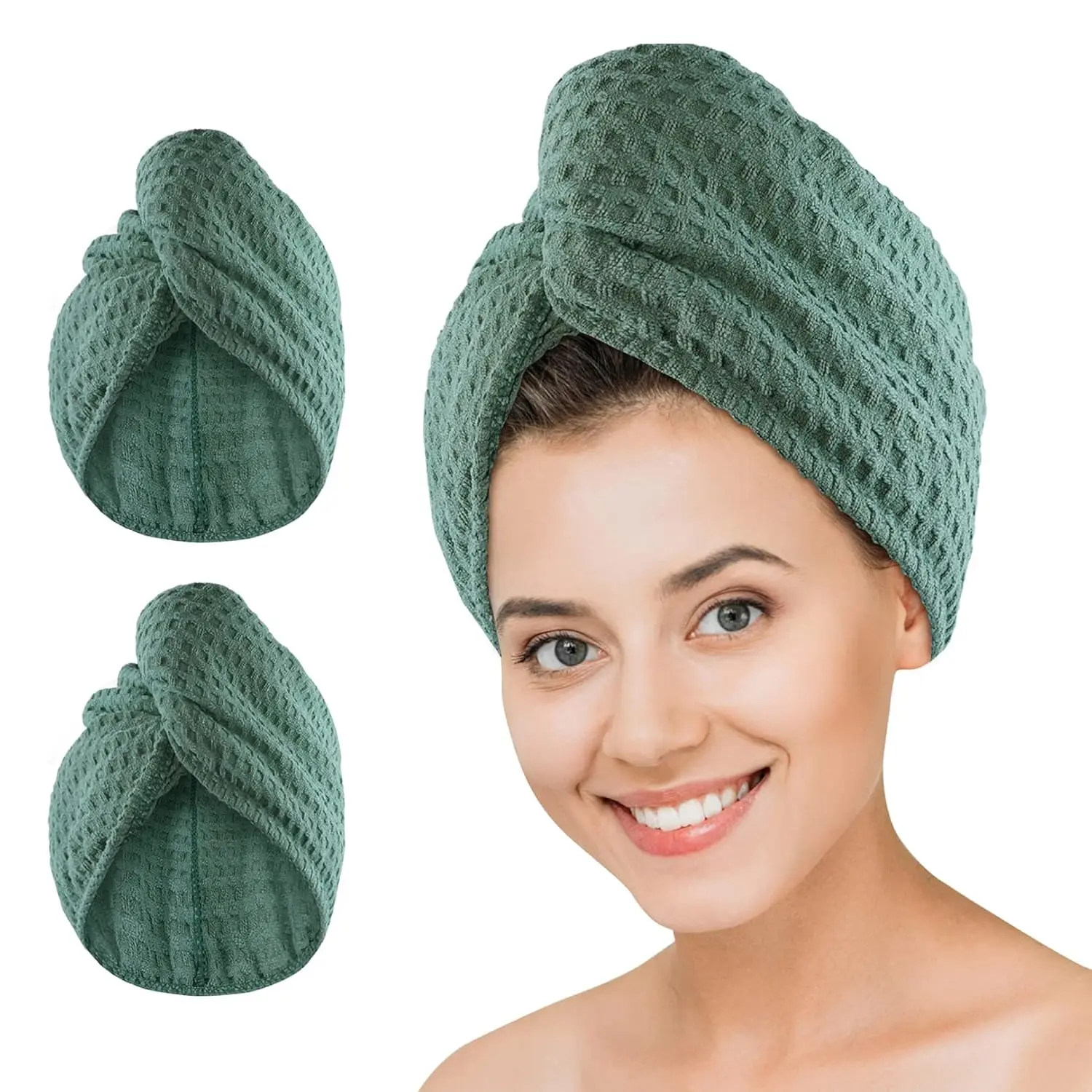 

2Packs Waffle Microfiber Hair Drying Towel for Curly Long Hair, Fast Absorbent Anti Frizz Turban Wrap