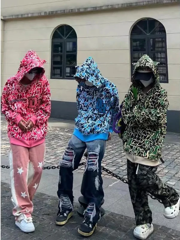 Yüksek kaliteli Harajuku şeytan nakış Hoodies boy kamuflaj kazak fermuarlı kapüşonlu eşofman üstü Y2k giysi Streetwear kadınlar