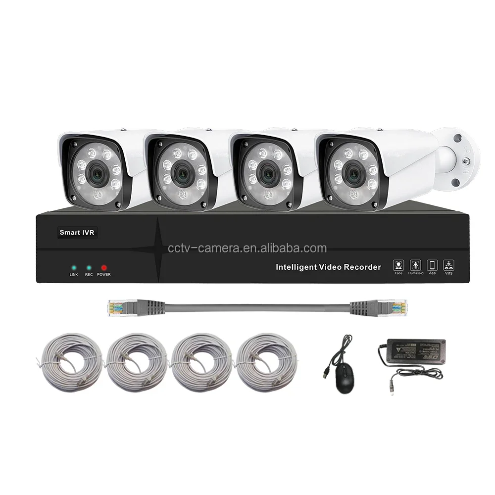 4CH CCTV IP Bullet Camera Manufacturer NVR POE Optional 4 Channel KITs with 4 pcs Outdoor IP Bullet CCTV Camera and Cable Power