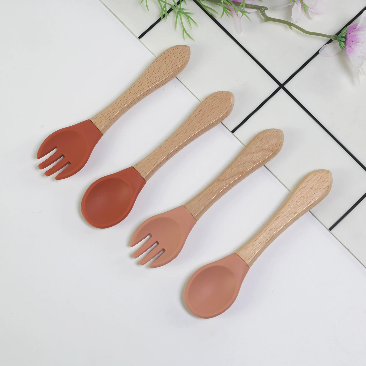 Silicone wooden handle baby feeding spoon and fork set 2pcs silicone baby feeding dinning set