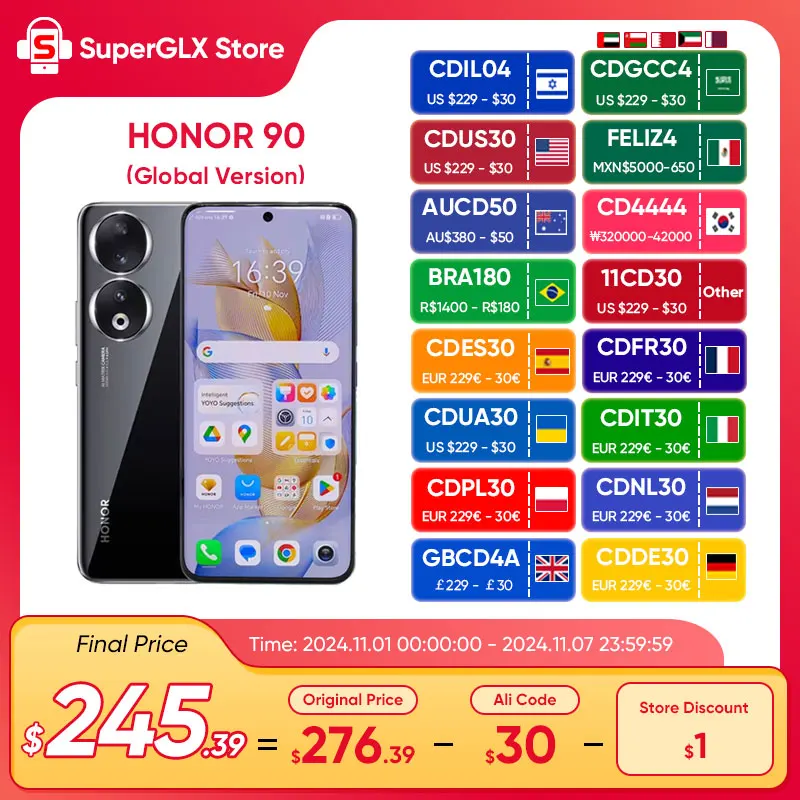 Global Version HONOR 90 5G 6.7 inch OLED Snapdragon 7 Gen 1 200MP Ultra-Clear Camera 5000mAh 66W Supercharger 120Hz 2023 New