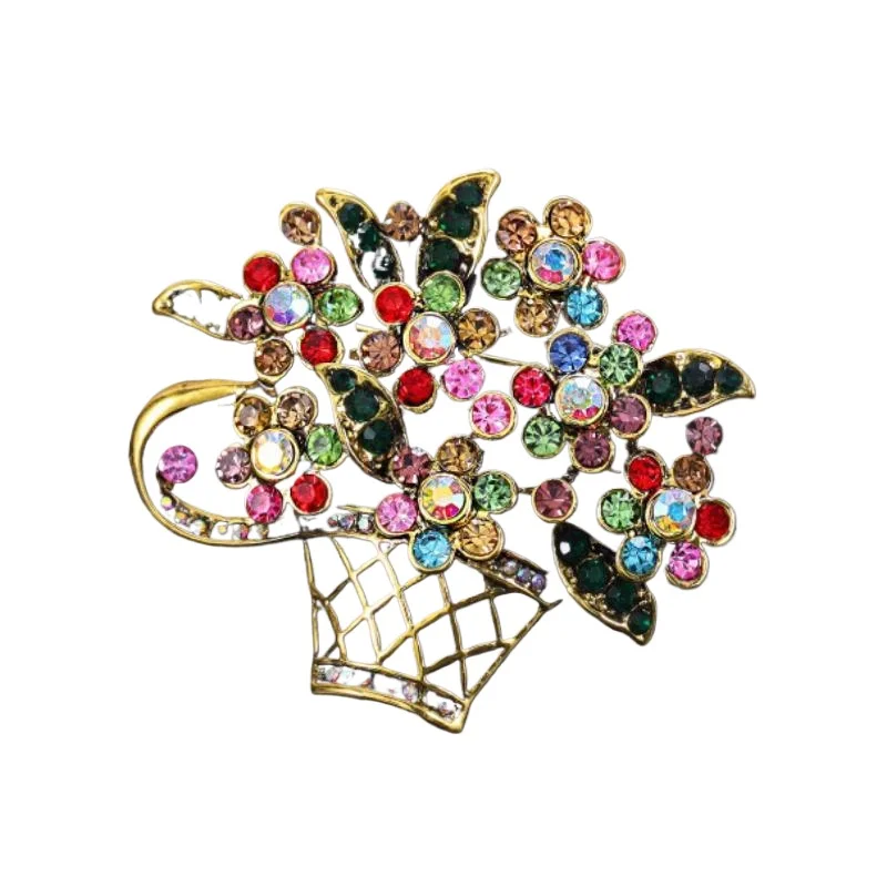 خمر الملونة حجر الراين سلة للزهور دبابيس النساء الجمال تألق زهرة بروش حفل زفاف مأدبة مجوهرات عادية هدية #6