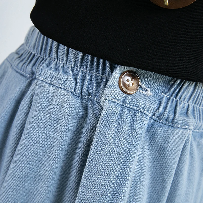Spring Autumn Cotton Denim Skirt Women Casual Loose Elastic High Waist A-line Long Skirt