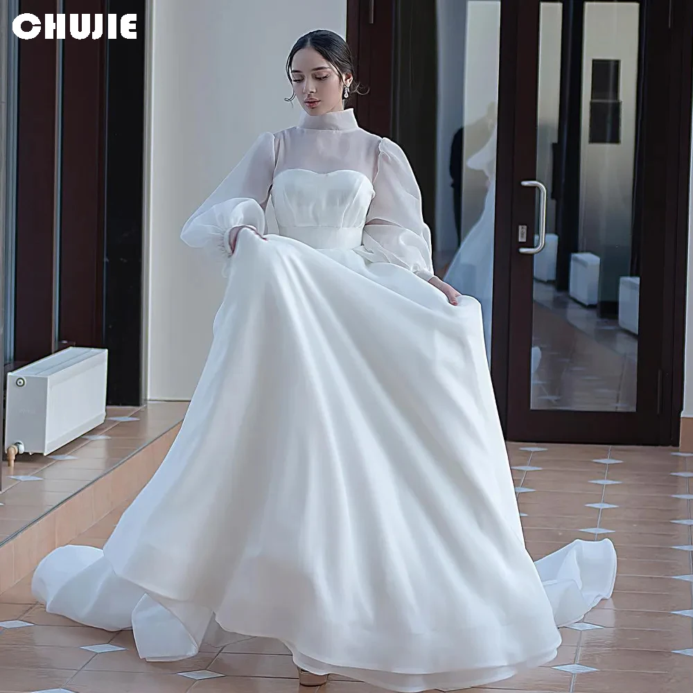

White Puffy Sleeves Long Wedding Dresses Woman Dubai Organza Prom Dress Customized Arabia Evening Gowns Moroccan Party Dress
