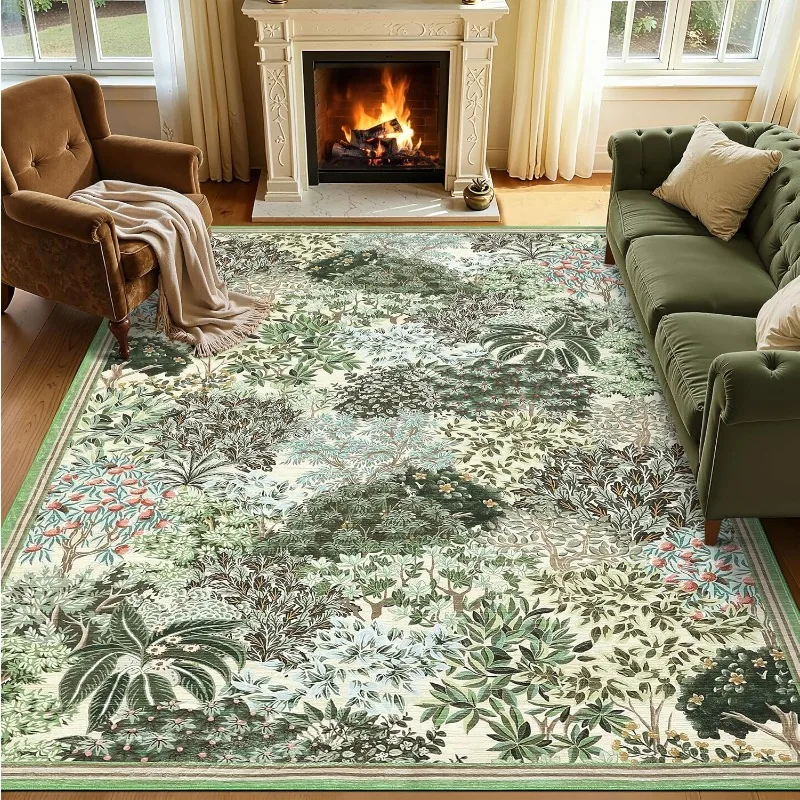 Green Plant Pattern Living Room Carpet Modern Fashion Sofa Coffee Table Floor Mat Nonslip Machine Washable Bedroom Bedside Rug