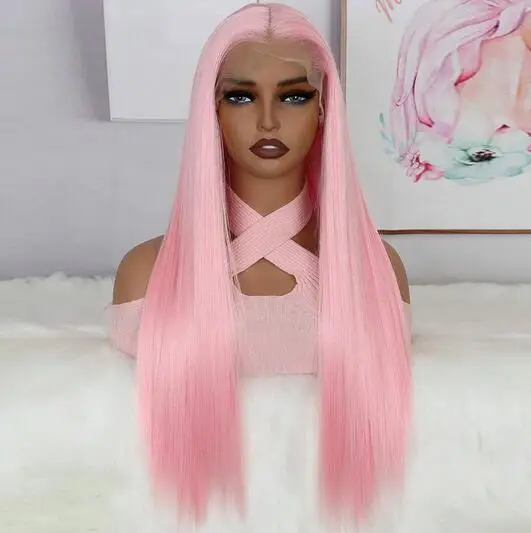 

Pink Synthetic Hair Lace Front Wig Long Straight Heat Resistant Fiber Lace Wigs for Black Women Daily Wear Wigs