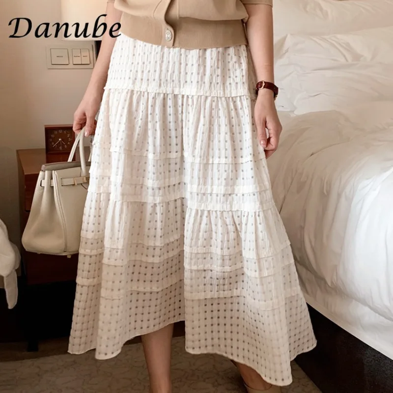 Summer Hollow Out Boho White Skirt Women Elastic High Waist Linen Cotton Long Skirts Vintage Elegant A-Line Beach Skirt Female