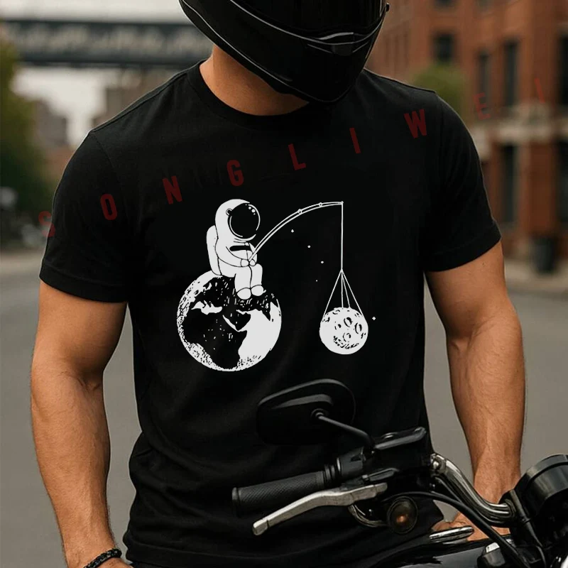 

Funny Design Astronaut Printing Moto T-Shirt Cotton Cute Men T Shirts Summer Casual Short Sleeve Round Neck Tees