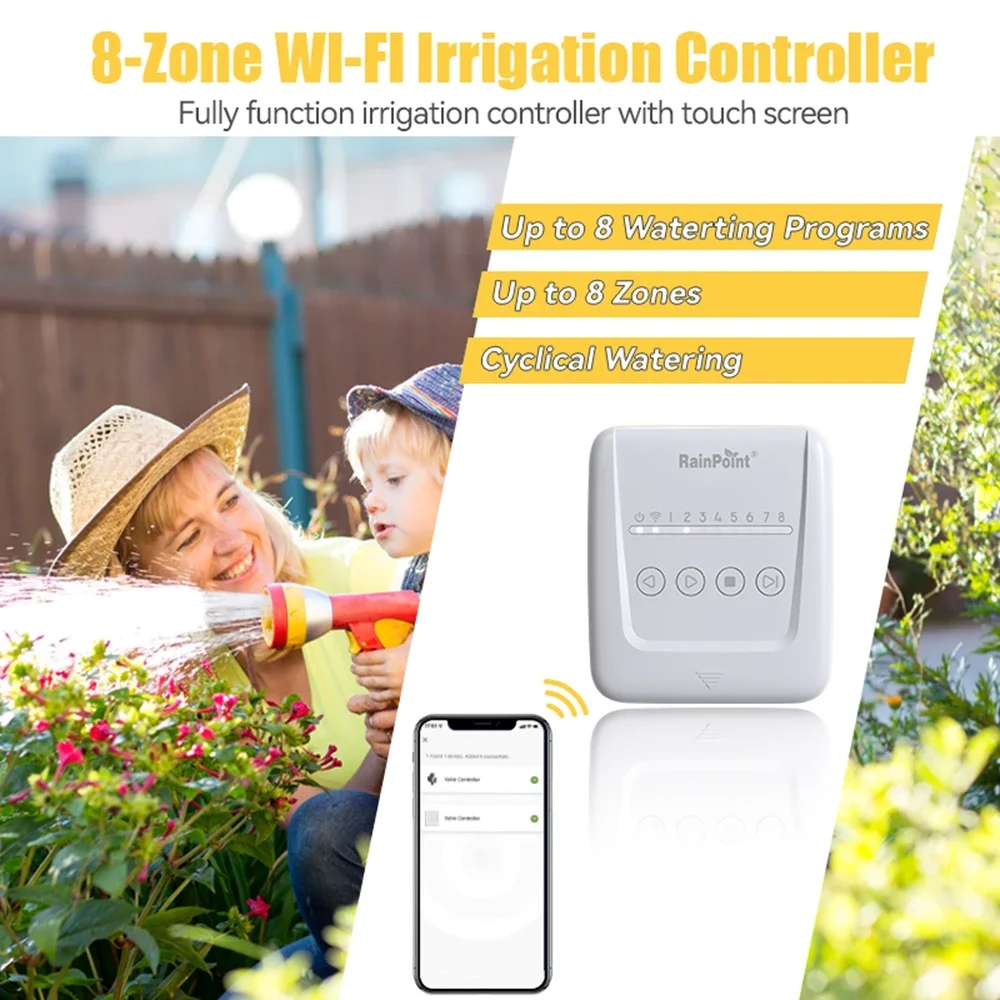 Rainpoint WiFi Irrigation Controller Garden Yard Watering Timer 8-Zone Smart Weather Based Watering Sprinkler System Programmer