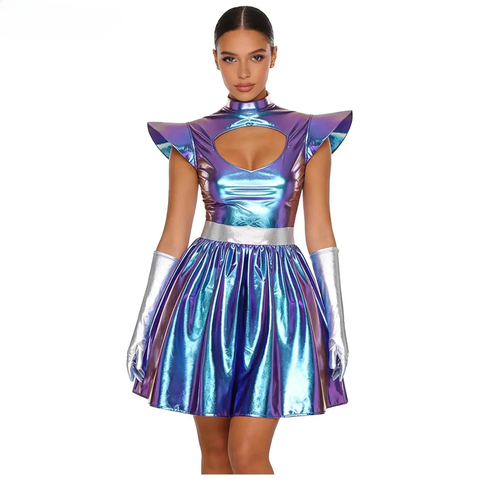 Frauen Weltraum Astronaut Roboter Cosplay Kleid Alien Metallic mit Handschuhen Futuristische Kleider Halloween Karneval Party Outfits – Detail 1