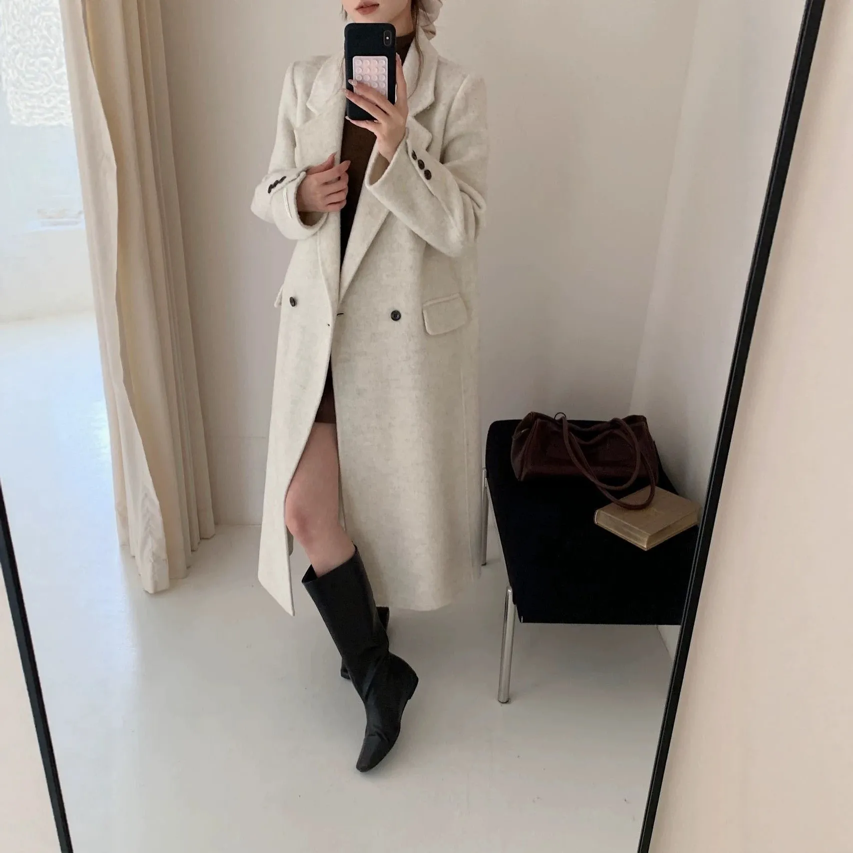 Thick Coat V Neck Long Length Commuter Style with Hand Finished Long Sleeve Single Breasted One Button Closure Women Autumn Coat