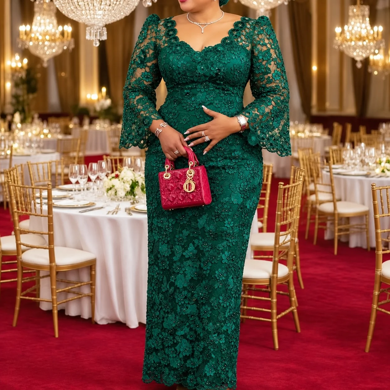 Green Fashion Bride Mother Dress Elegant Lace Half Sleeve Embroidery Tight A-Line Long African Custom Banquet Dresses Customized