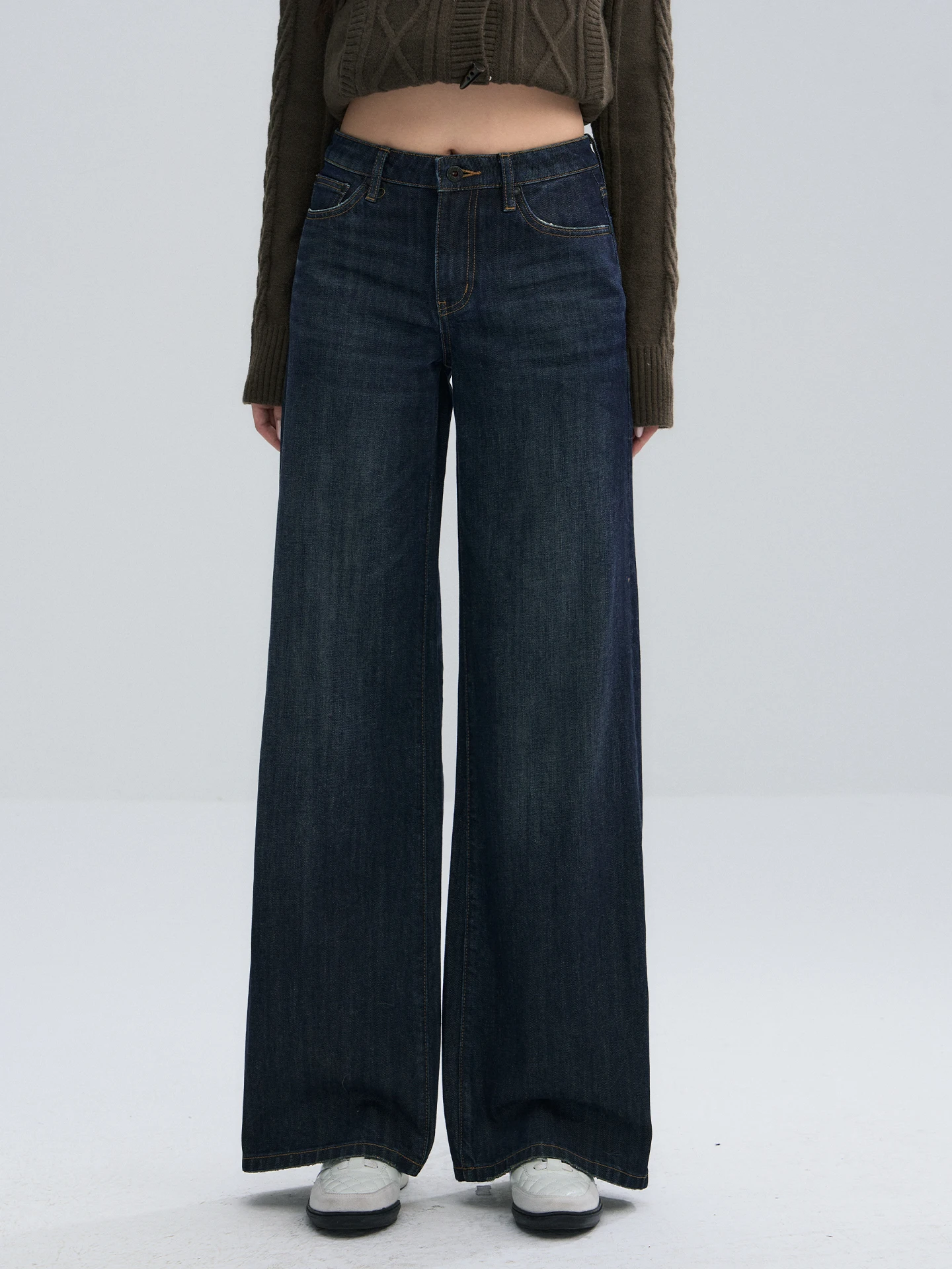 

Женские джинсы с низкой посадкой, широкими штанинами, темно-синие, из денима, осенне-зимние, приталенные, прямые, длинные брюки, повседневные OIOI E