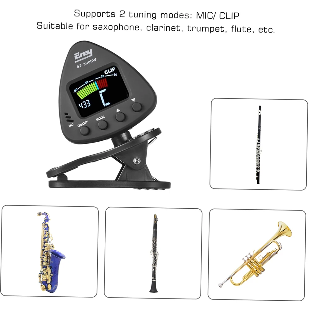 eno ET 3000W Wind Instruments Tuner Supports Mic & Clip-on Tuning Modes for Saxophone Clarinet Trumpet Flute