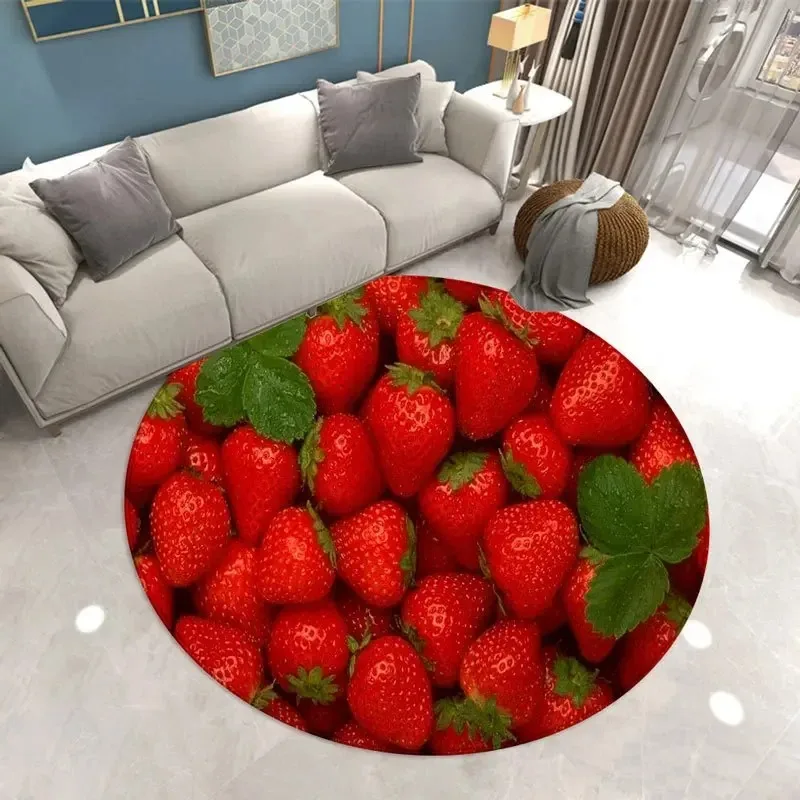 Strawberry Print Round Carpet – Absorbent Floor Mat for Living Room, Bedroom, Kitchen, Sofa Area, Home Decor