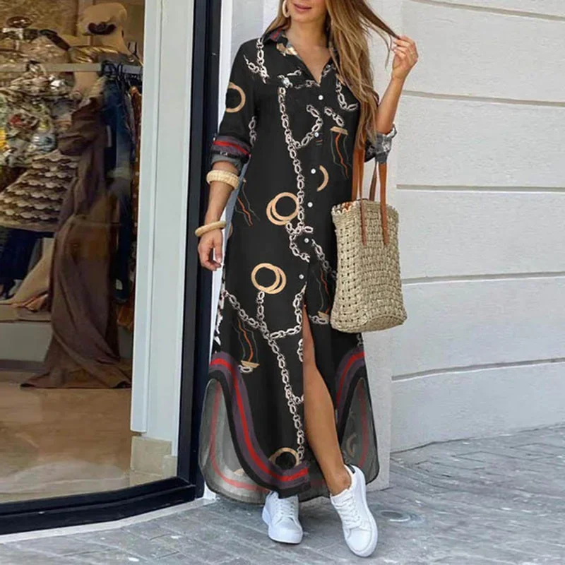 Casual Dresses Women Long Sleeve Shirt Dress Printed OL Long Dresses Laides Loose Party Dress Maxi Dress Vestido Casual