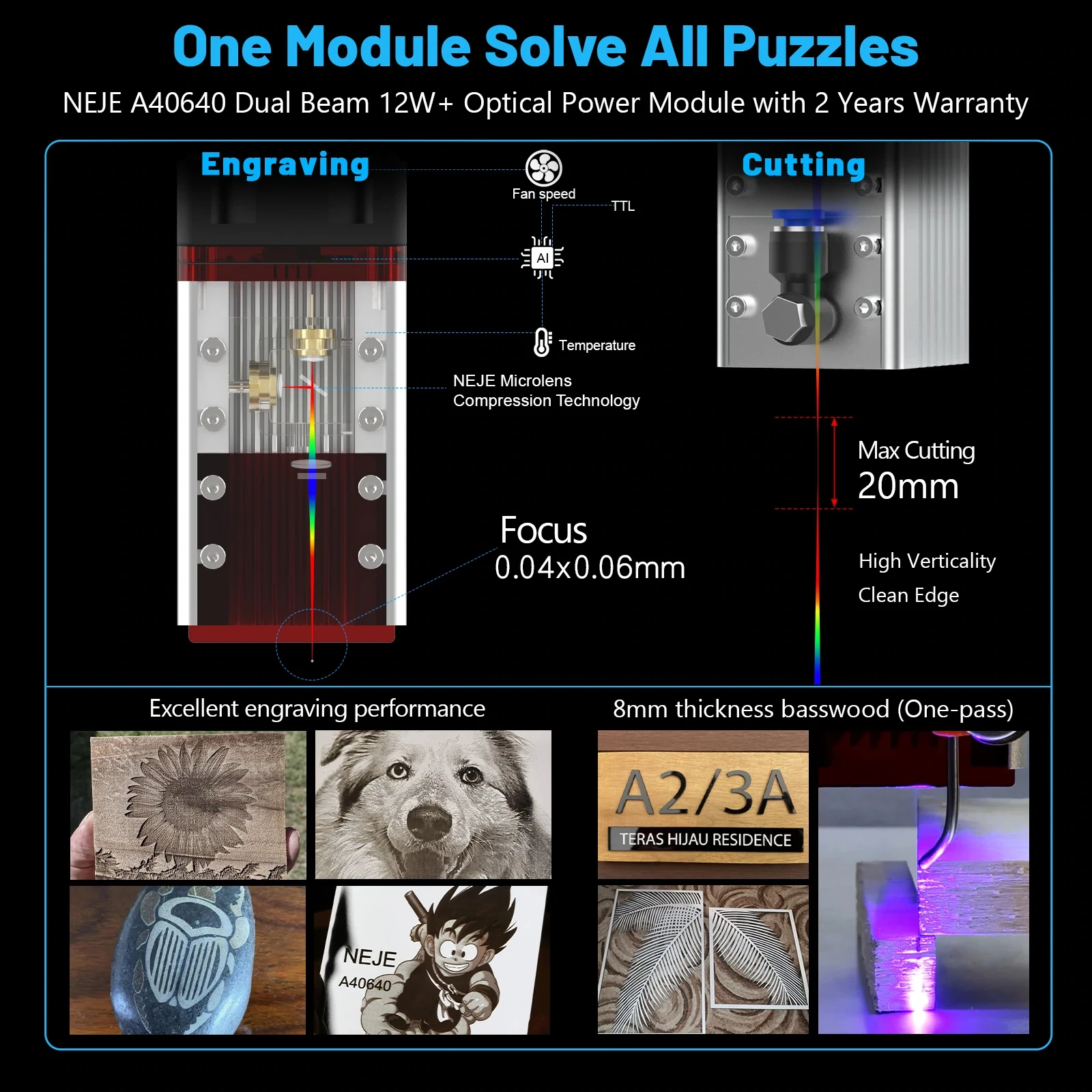 NEJE 80W 450nm Double Beam Laser Module Built-in Air Assist,for CNC Laser Engraver Wood Cutting Metal Engraving Smart Tool