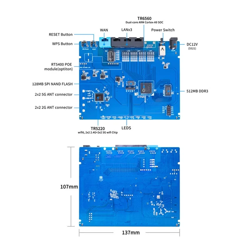 Banana Pi, BPI Wifi 6 Router, TR6560+TR5220 Wifi, SOC Dual Core ARM, Cortec A9 Integrated 5GE PHY RGMII 6 GE MACs, Routing Board