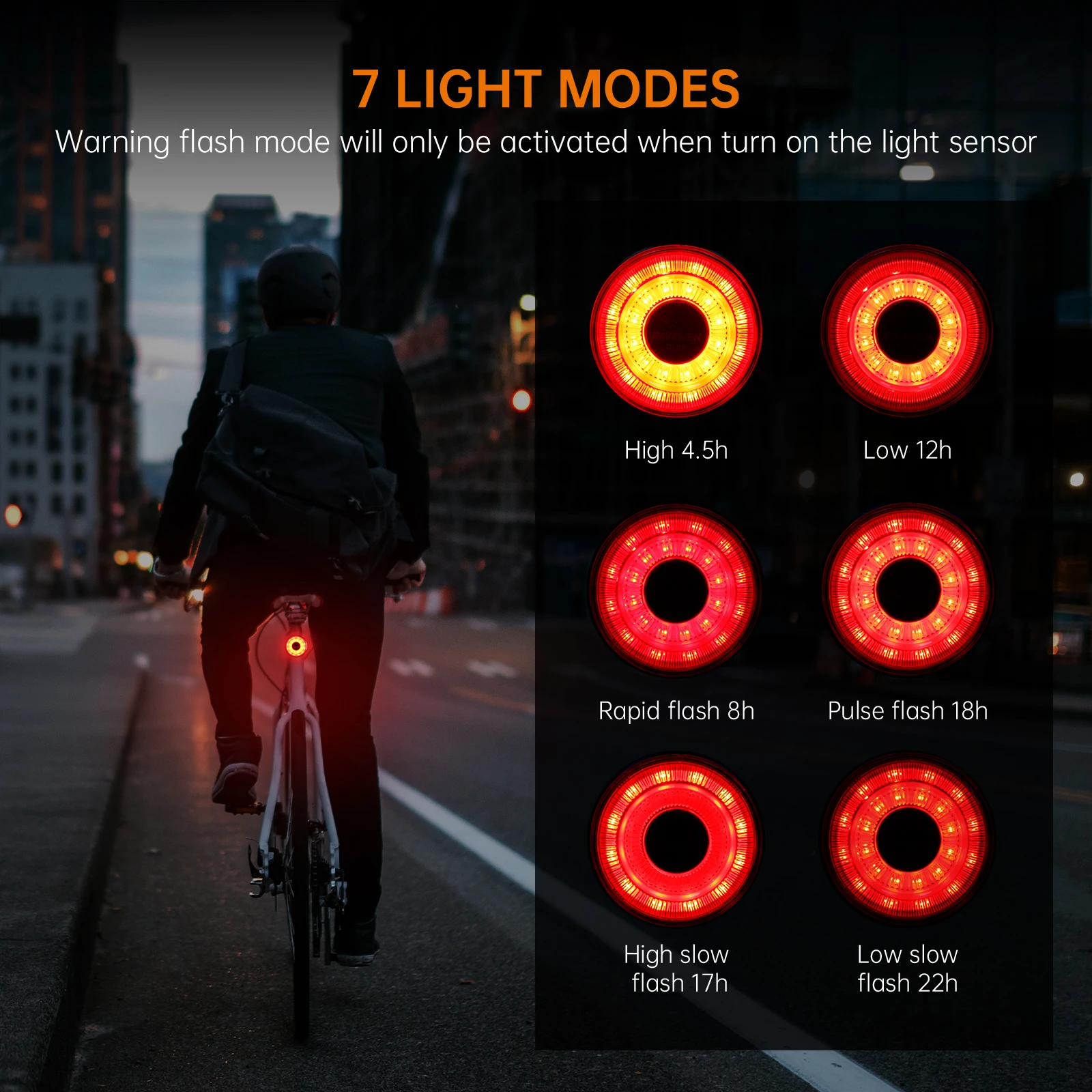 RAVEMEN Rear Bike Light 30 Lumen Rechargeable USB-C Tail Light in Warning Flashing Mode with Light Sensor IPX6 for Road Cyclists