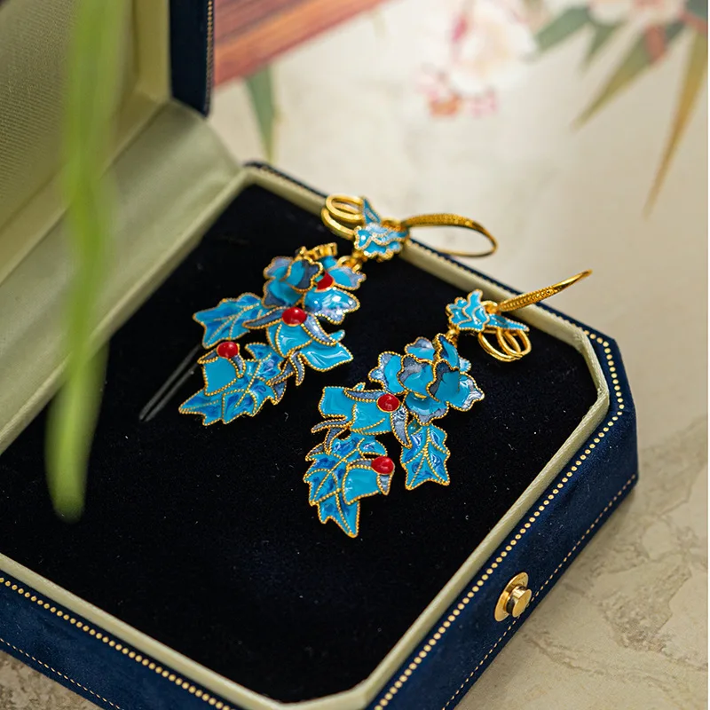 Chinese Style Personalized Floral Enamel Craftsmanship, Peach Blossom Blossoming Women Earrings, Retro Temperament Jewelry Gift