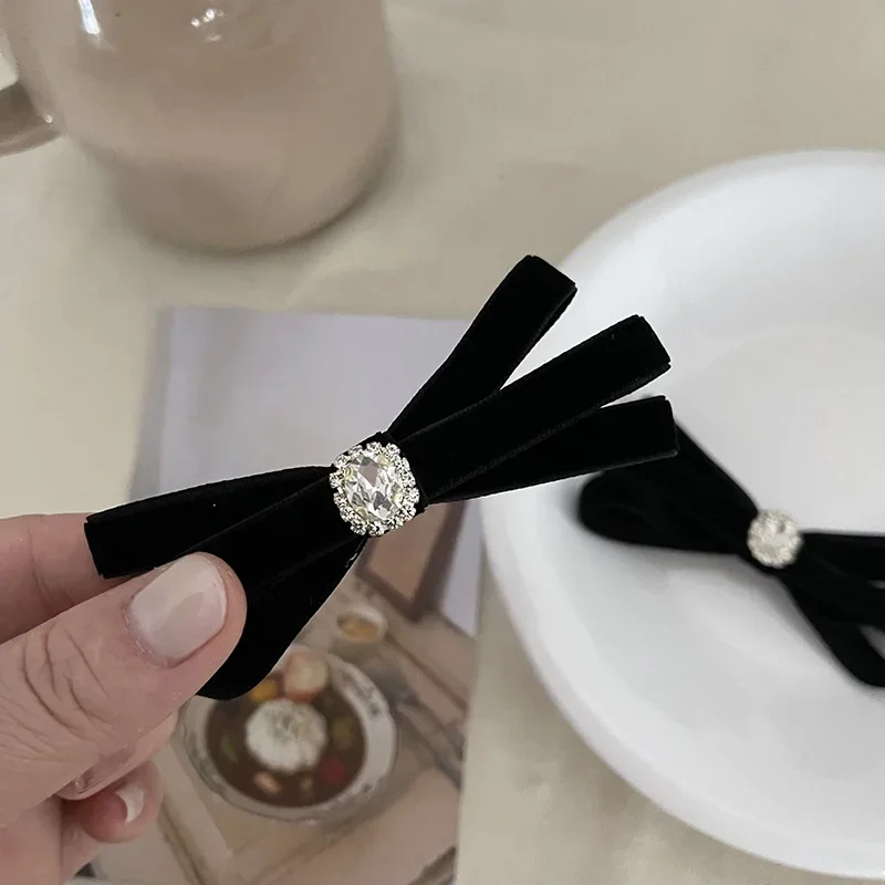 New Korean Black Rhinestone Bow Hair Clips Elegant Womenbarrettes Headwear Girls Hair Accessories Hot