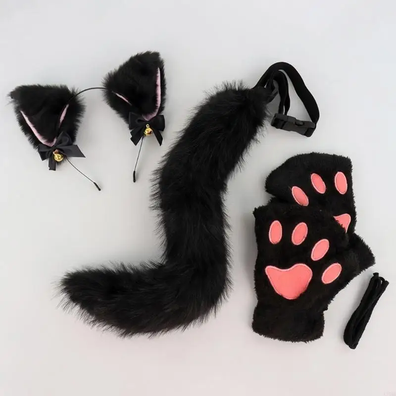 C9GE 3PCS Halloween Katzen Kostümzubehör Katzen kleiden Kostümstirnband, Schwanz, Handschuhe für Girl Cosplay Halloween