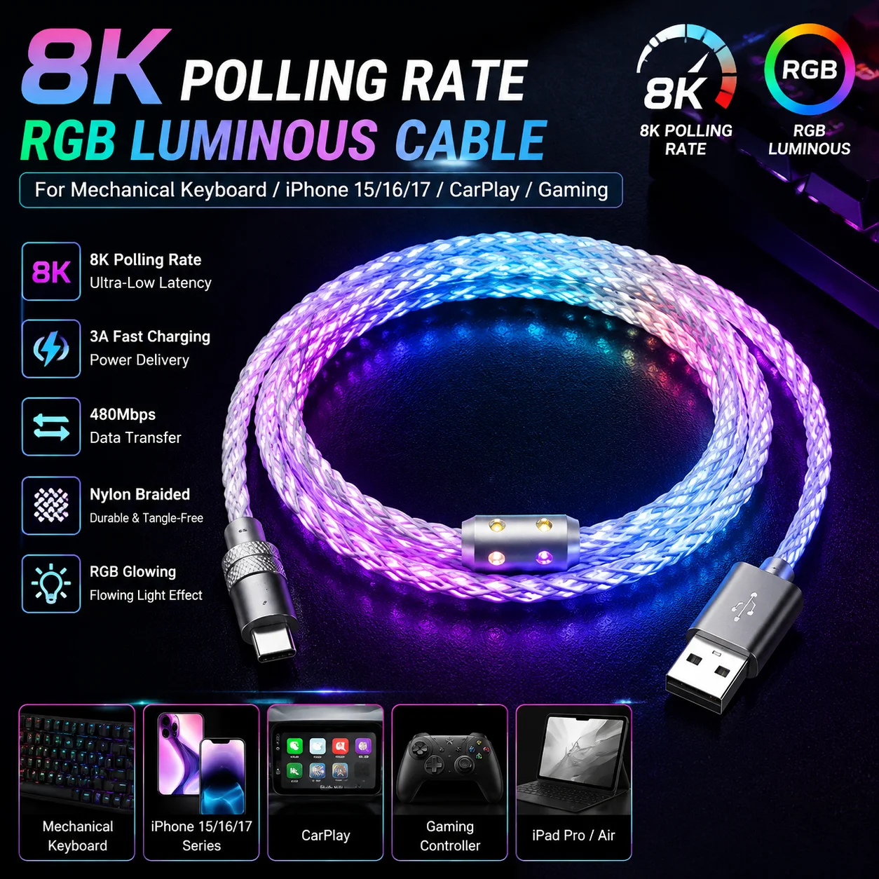 8K Polling Rate USB C Cable RGB Luminous Braided Mechanical Keyboard Cable Type C Fast Charging Cord for iPhone 17 16 15 CarPlay