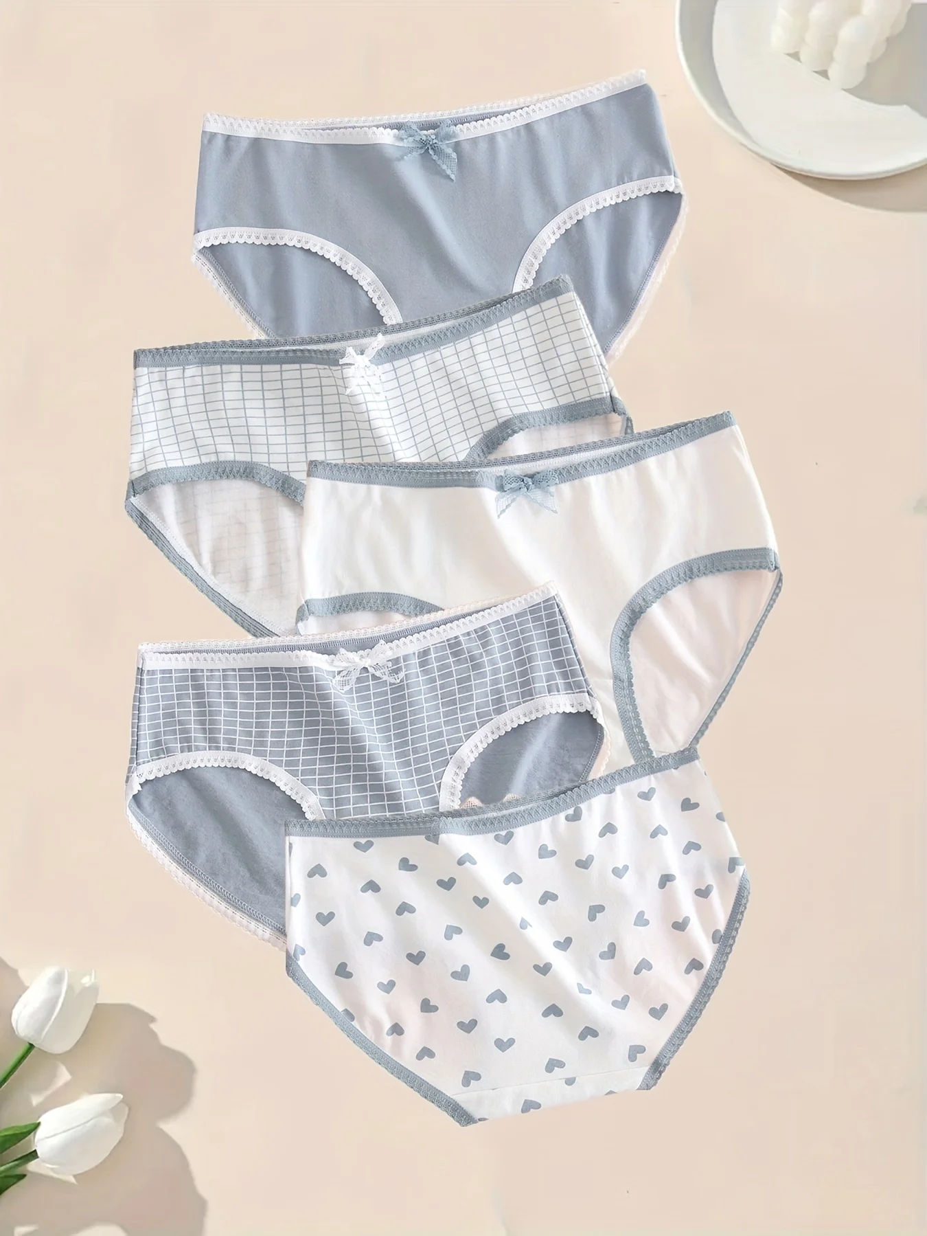 여성용 부드러운 면 팬티 5개 세트 스위트 하트 체크무늬 팬티 부드럽고 통기성 좋은 일상용 속옷