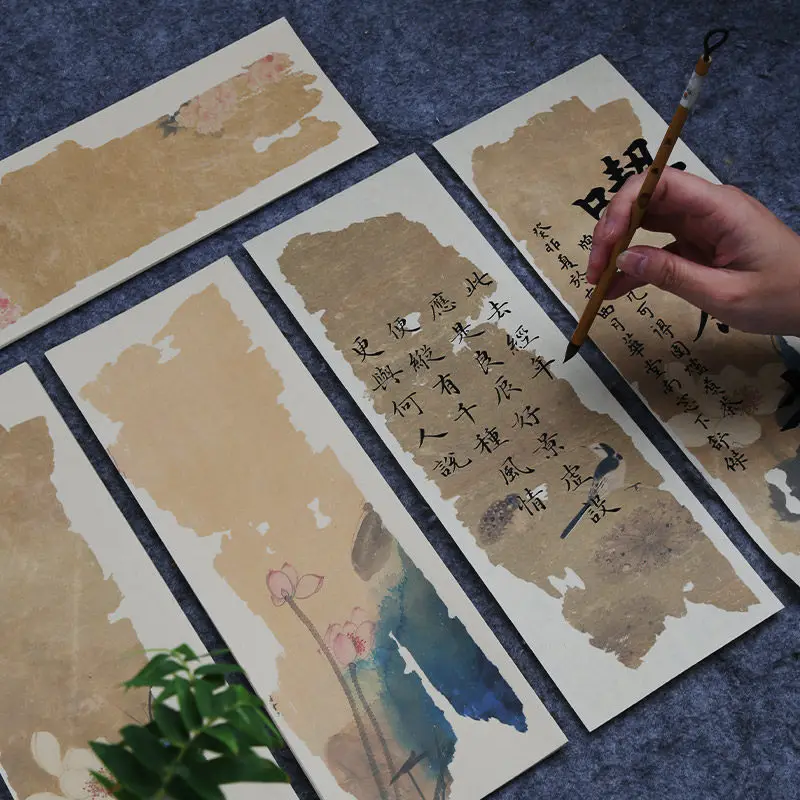 vintage-thickened-xuan-paper-scraps-half-cooked-rice-paper-bird-flower-painting-slender-gold-script-calligraphy-practice-paper