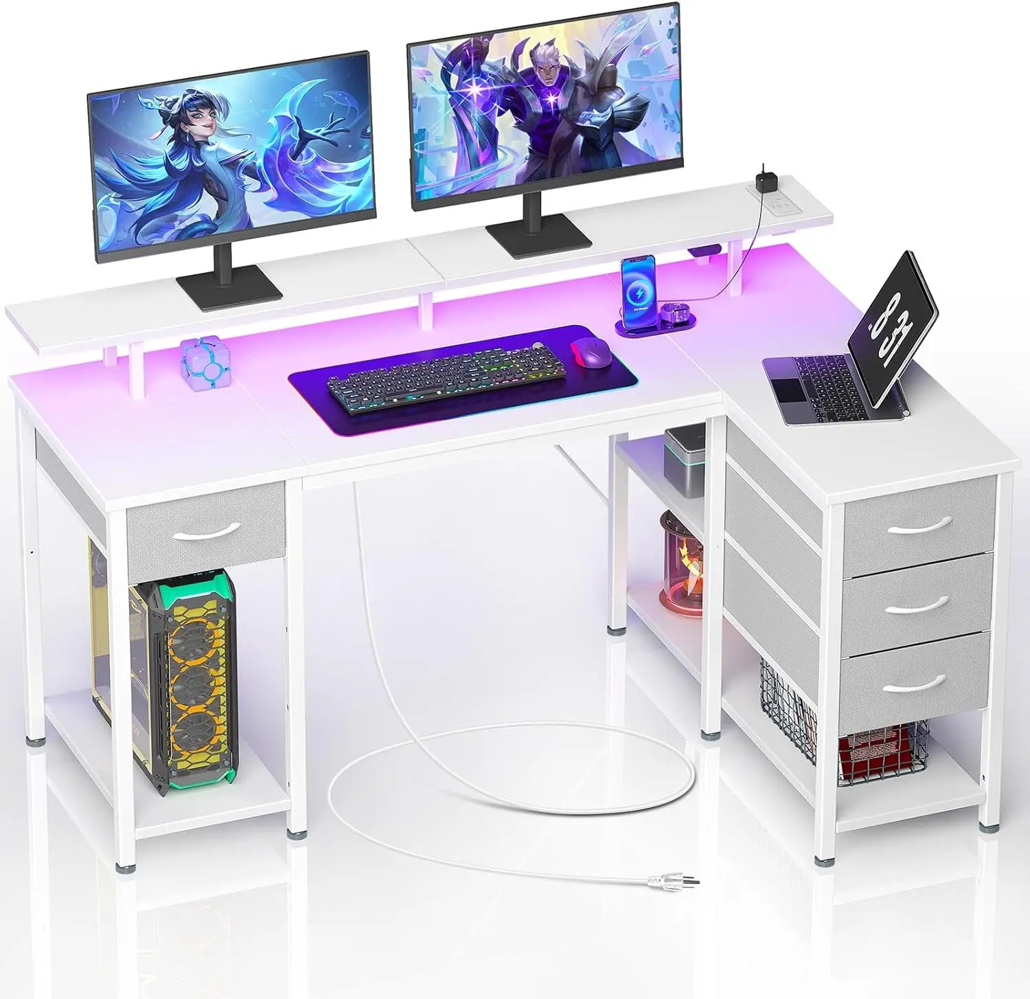 L Shaped Computer Desk with Drawers, Gaming Desk with Power Outlets & LED Lights, Reversible Office Desk with Storage Shelves