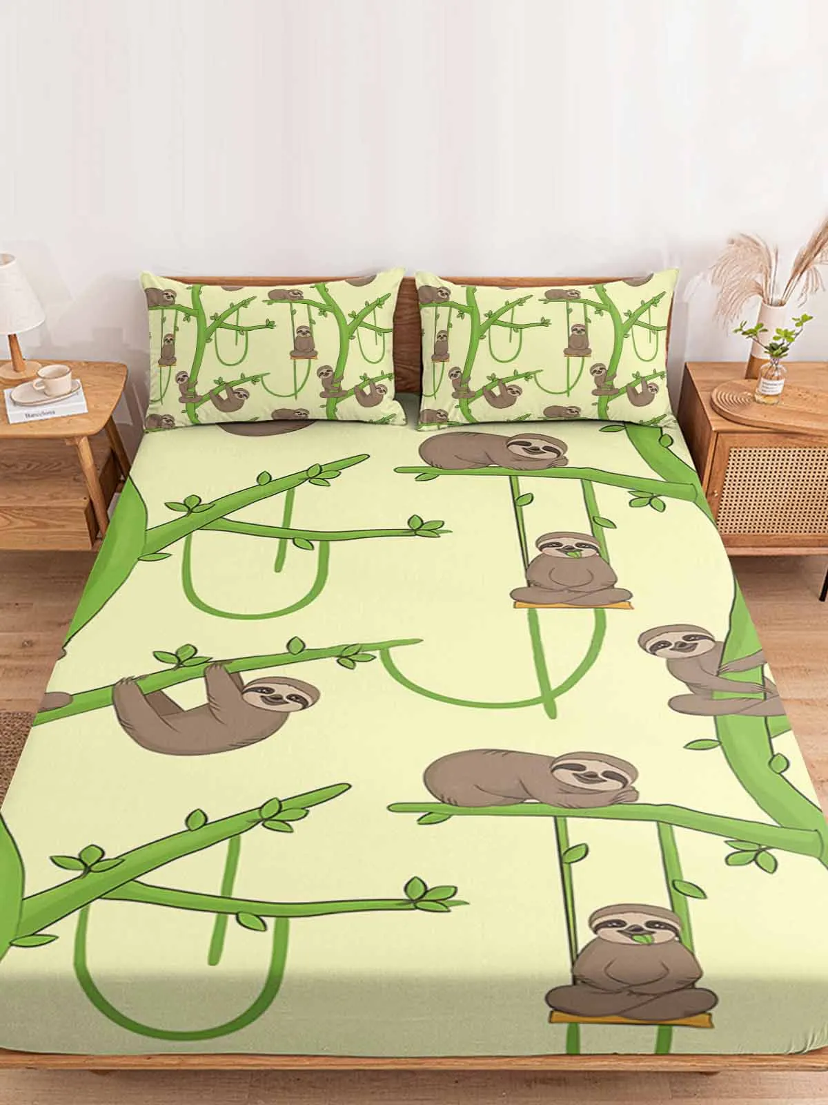 Cartoon Sloth Tree Branch Queen Size Bed Mattress Fitted sheet Elastic Rubber Band Non-slip Bed Sheet Pillowcase Set