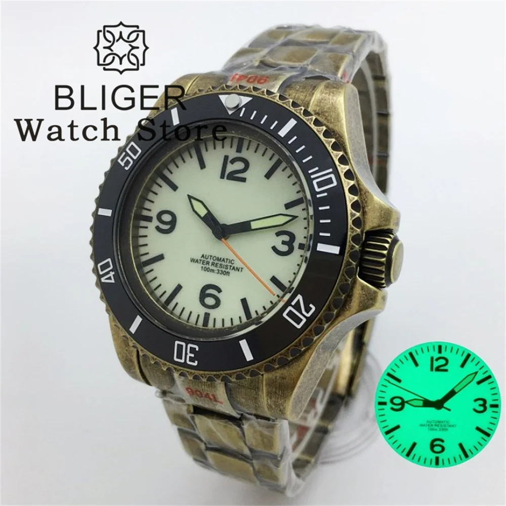 BLIGER-reloj mecánico de buceo japonés NH35A, cronógrafo de bronce de 43mm, movimiento crema, blanco y negro, esfera luminosa, resistente al agua