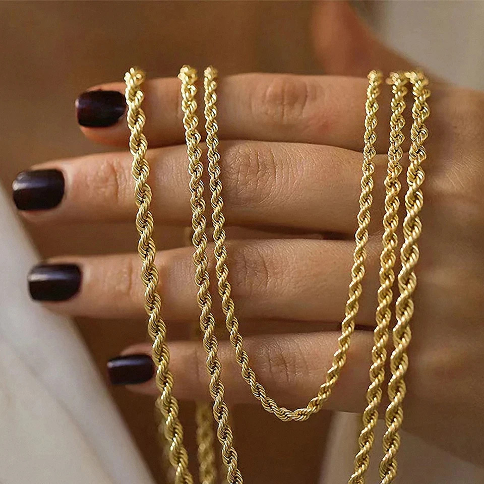 Naszyjnik łańcuszkowy ze stali nierdzewnej 316, 3/4 mm, nie blaknie, wodoodporny, choker, biżuteria dla kobiet i mężczyzn, złoty kolor, łańcuszki, prezent.