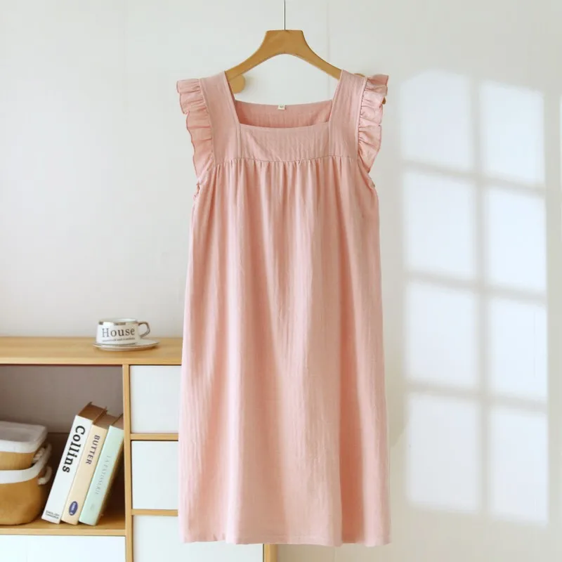 Women's Summer Lightweight Cotton Linen Mid-Length Sleeveless Nightgown with Backless Design Loungewear Suitable for Home Wear
