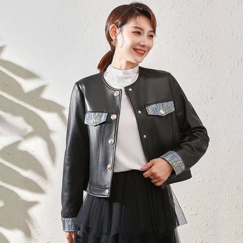 

2023 Genuine Leather Jacket Women Spring and Autumn Casual Short Denim Contrast Color Splicing Metal Buckle O-Neck Sheepskin Coa