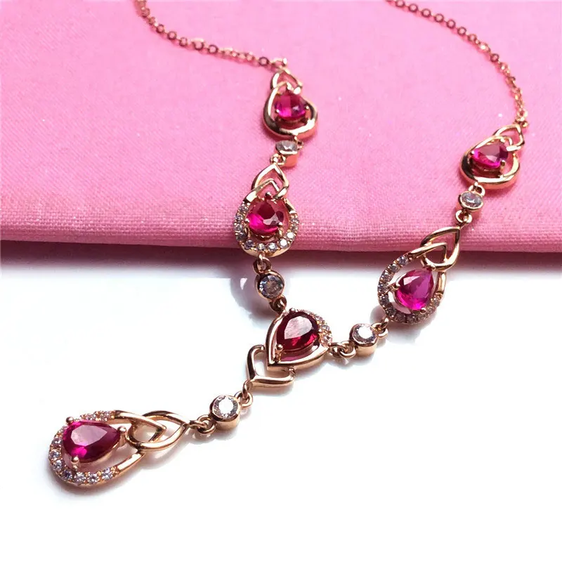 585 Purple Gold Plated 14K Rose Inlaid Water Drop Ruby Pendant new in Chain Necklace Luxury Wedding Fashion Dinner Jewelry Gift