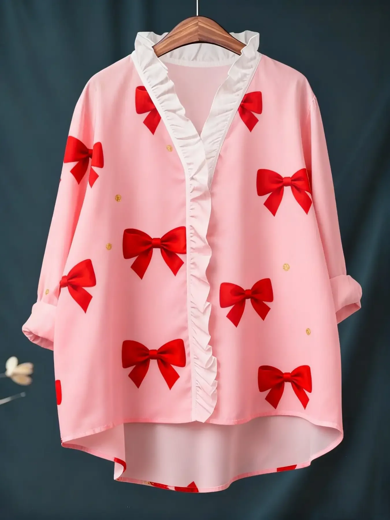 New ladies' Christmas digital printed long sleeved shirt with ruffled collar, Holiday fashion, elegant style,