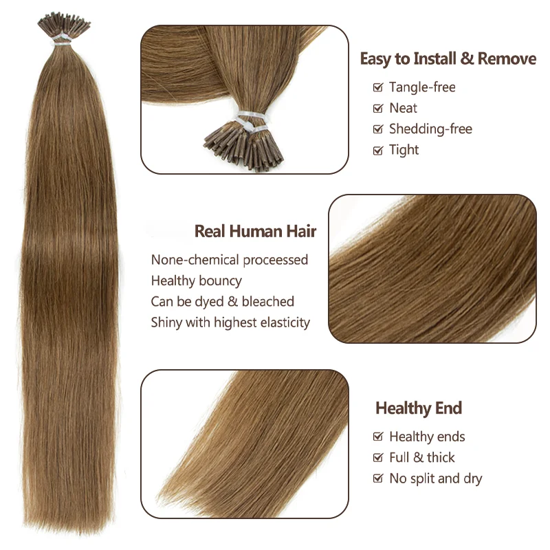 Straight Natural Remy Human Hair I Tip Extensions Keratin Bond 30G Pack Multi Colors 12 Inch To 20 Inch Hair Length Enhancement For Daily Styling