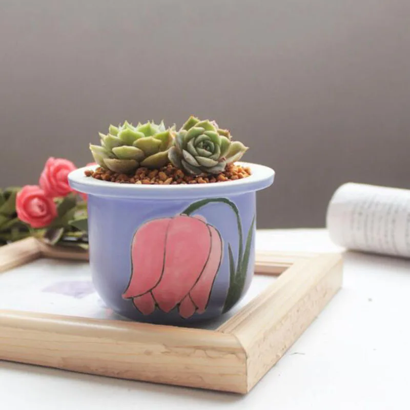 Handpainted Flower Porcelain Hat Shape Flowerpot Succulent Plant Pot Desktop Ornaments Green Plant Container Vase Home Decor
