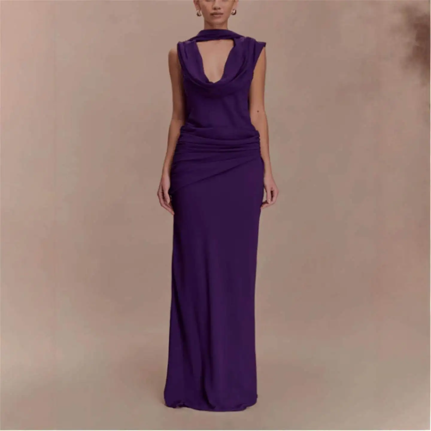 

Slimming Fit Evening Dress with Shawl Neck Ties Wrap around Waist High Waist Ball Gown Style Three-acetate Fiber Skirt