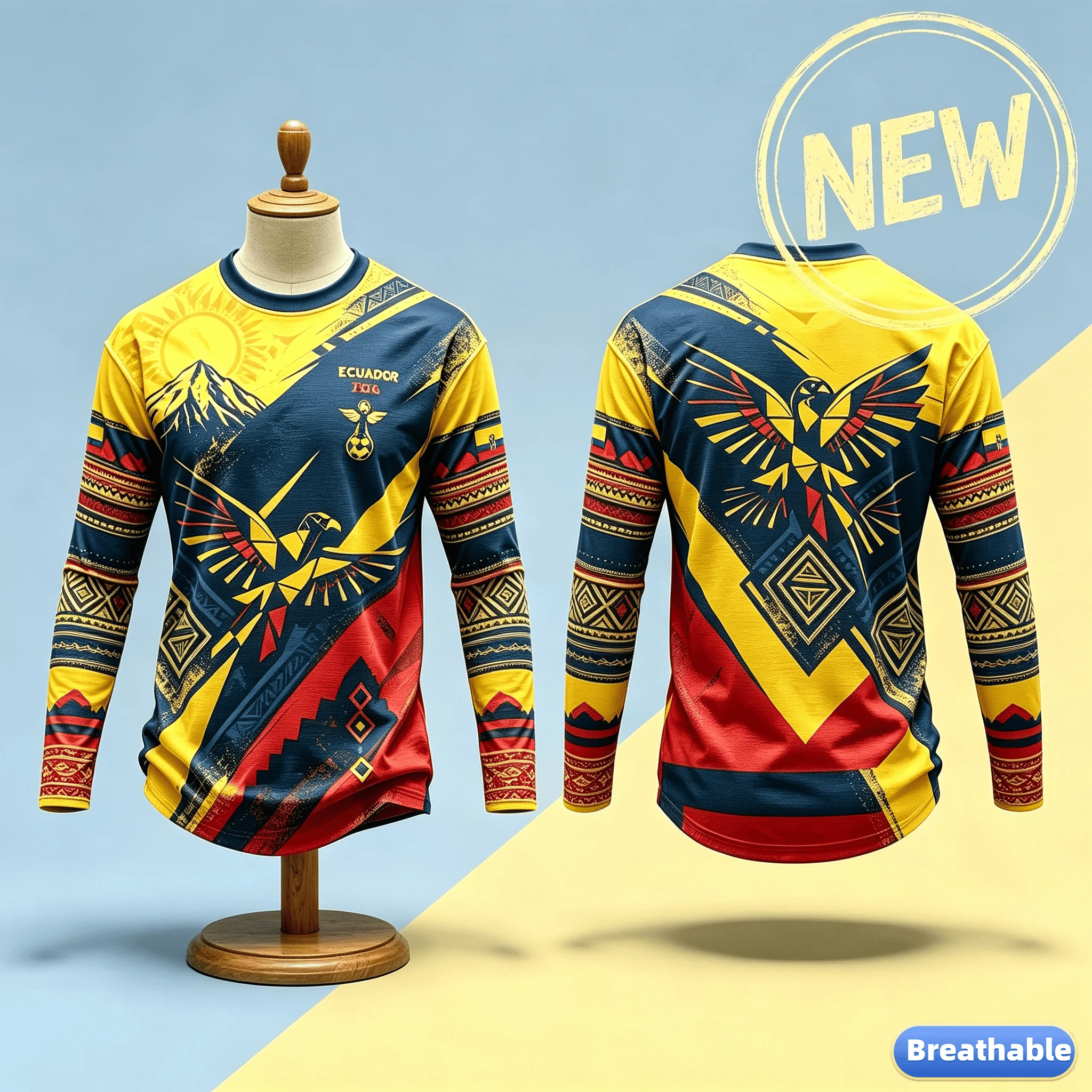 Men Women Ecuador 2026 Long Sleeve Soccer Jersey, 3D Tribal Eagle Mountain Print Quick Dry Athletic Sports Tee Quick Dry Fashion