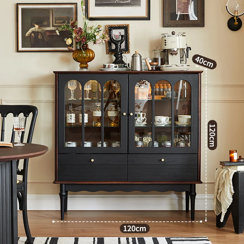 

Solid wood glass wine cabinet French retro black living room medieval dining side